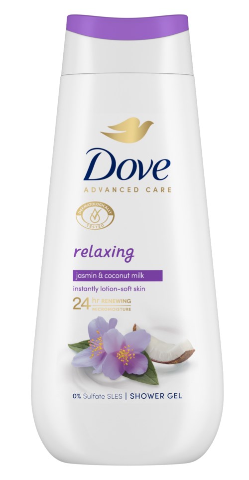 Een Dove douchegel fles met 'relaxing', bevat jasmijn en kokosmelk, met paarse dop en bloemafbeelding.