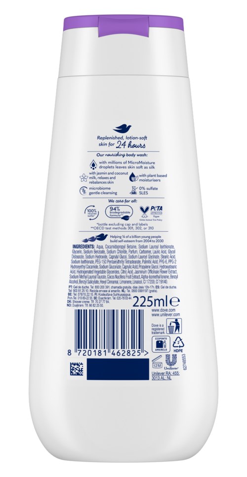 Een witte fles met paarse dop, gekerkt met blauwe tekst en symbolen, die aangeven dat het een verzorgingsproduct is.