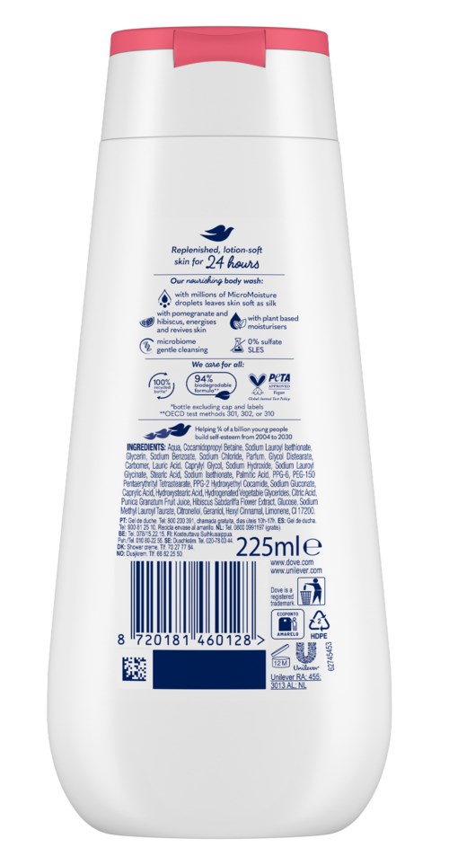 En hvit flaske med rosa lokk, merket og tekst som beskriver et hudpleieprodukt, størrelse 225 ml.
