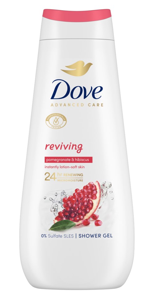 Dove dusjsåpeflaske med granateple og hibiskus, rosa lokk, og en rød frukt.