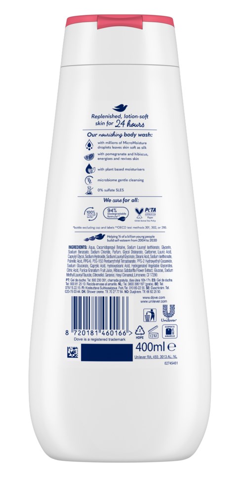 En hvit flaske med rosa kork, som inneholder lotion for hud og kroppsvask, merket med detaljer og symboler.