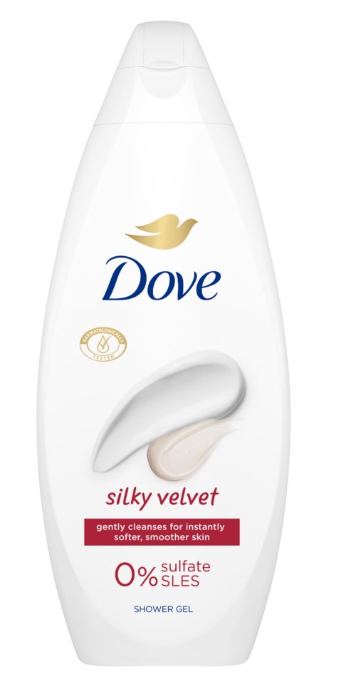 Eine weiße Dove Duschgel-Flasche mit Gold- und Blau-Logo sowie pinkem und rotem Text über seidige Weichheit und sanfte Reinigung.
