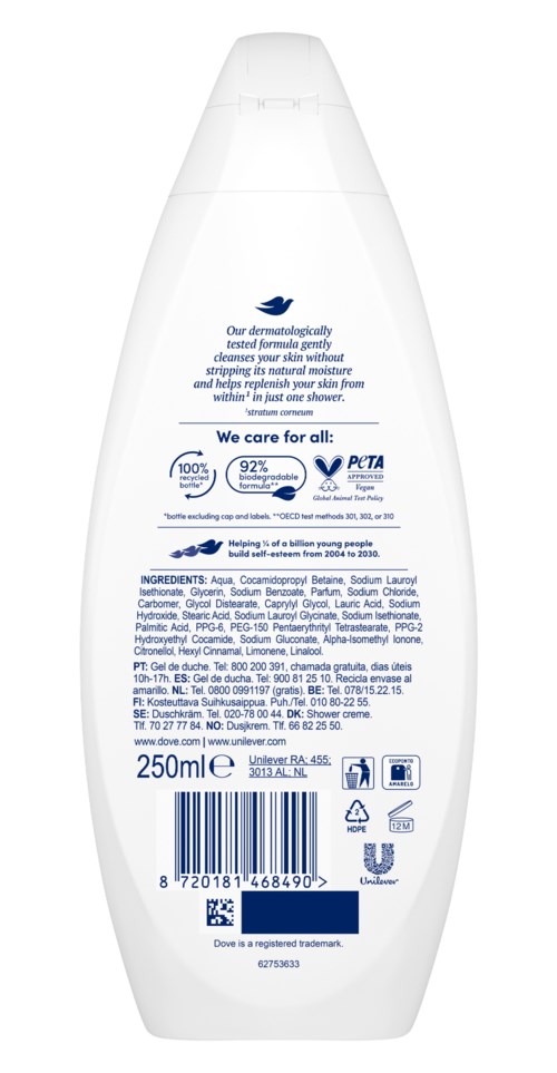 Eine weiße Flasche mit Etikett, das Inhaltsstoffe, Logos und Barcode zeigt. Es hebt Pflege und dermatologisches Vertrauen hervor.