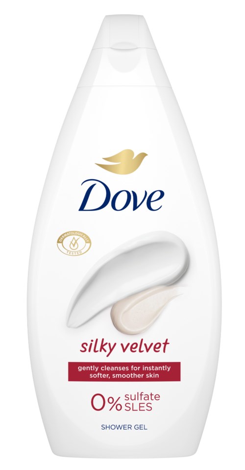 Dove Duschgel in weißer Flasche mit goldener Taube und rotem Etikett, verspricht sanft und sulfatarfrei.