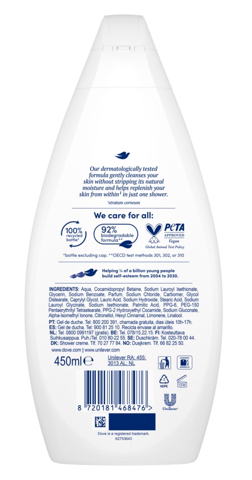 Eine weiße Shampooflasche mit blauer Schrift und Symbolen, enthält 450 ml Produkt. Es hat Zutaten und Etiketten auf der Rückseite.