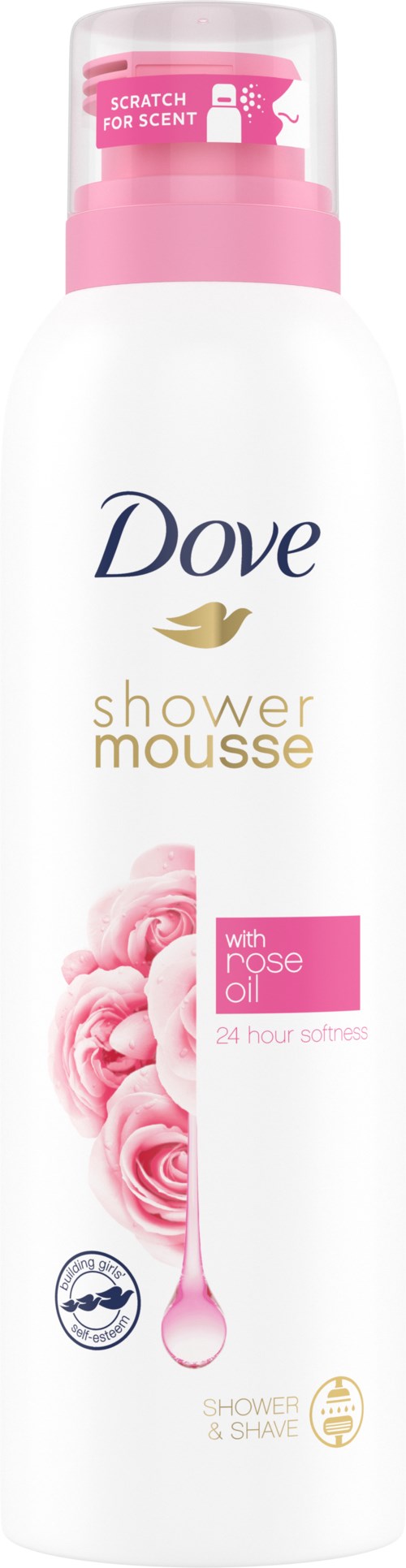 Eine weiße Dove Duschschaumflasche mit rosa Deckel, mit Rosen und Produktinformationen in Pink und Gold.