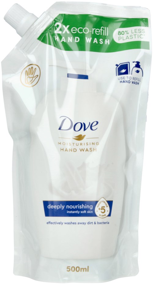 Eine weiße Nachfüllpackung Dove feuchtigkeitsspendende Handwäsche, 500ml, mit grünen Akzenten und Gebrauchsanweisung.