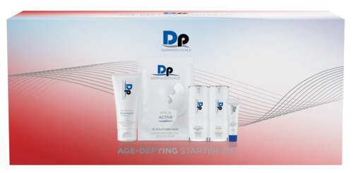 A skincare set in a box with five different products, mainly white with blue and black text, promoting anti-aging.