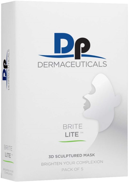 A box with a face outline, logo "DP Dermataceuticals," and product name "Brite Lite."