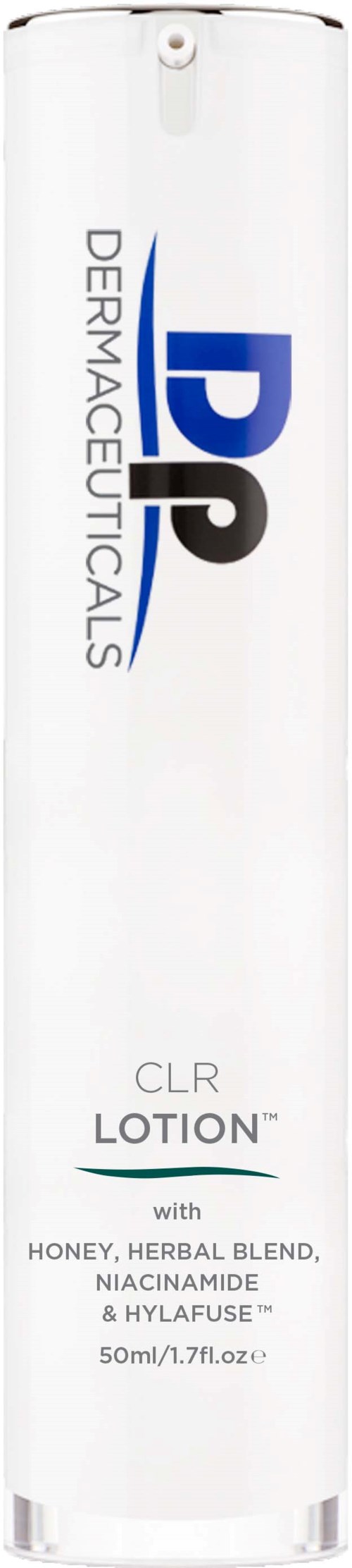 A white bottle with blue and black text, labeled Dermaceuticals PLL Lotion with ingredients like honey and herbal extracts.