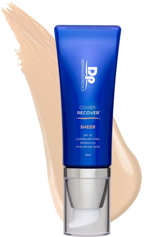 Blue skincare tube with white and silver accents, labeled 'Cover Recover' and 'Sheer', with beige product swatch.