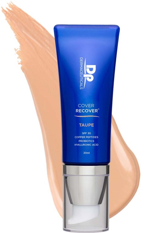 Blue tube of skincare cream with a beige smear behind it. The text mentions SPF 30 and copper peptides.