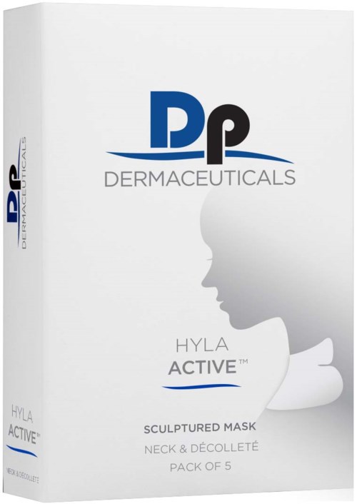 A white box with blue and black text shows a mask product named Hyla Active for neck shaping, packaged in a pack of five.