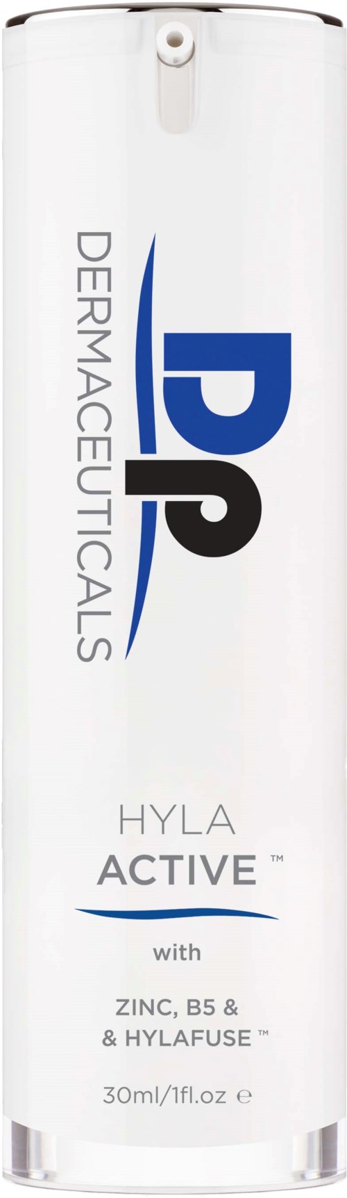A white bottle labeled Dermaceuticals Hyla Active with zinc, B5, and HylaFuse, standing vertically.