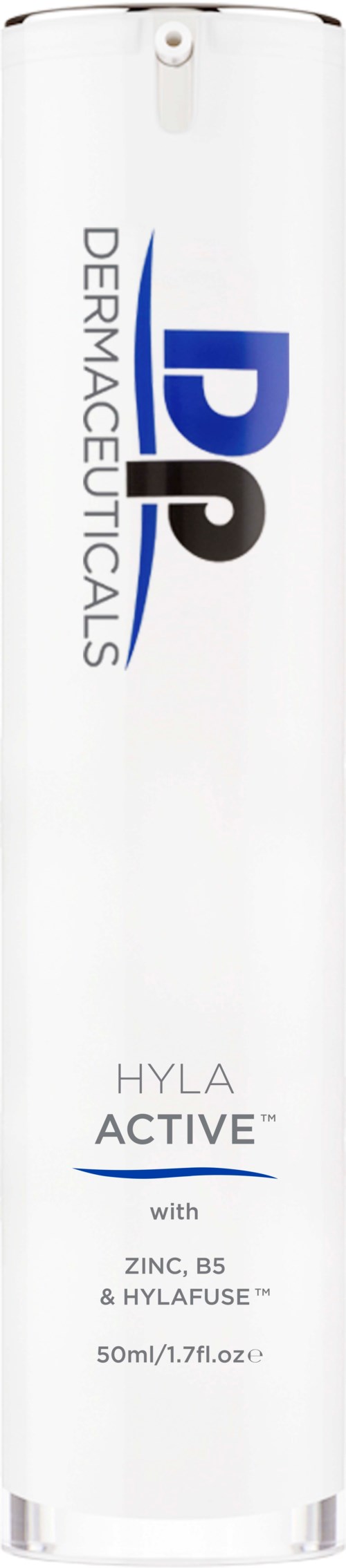 A white bottle labeled 'Dermaceuticals' with blue and black letters. It says 'HYLA ACTIVE' with ingredients listed.