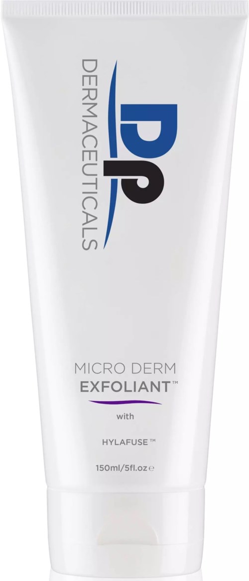 A white tube of DermaCeuticals Micro Derm Exfoliant with purple and blue text, promoting skincare product.