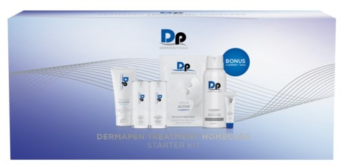 A skincare starter kit with various products, including tubes and bottles, in a blue and white box.