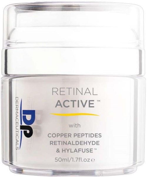 A small jar labeled 'Retinal Active' contains skincare cream with ingredients like copper peptides and retinaldehyde.