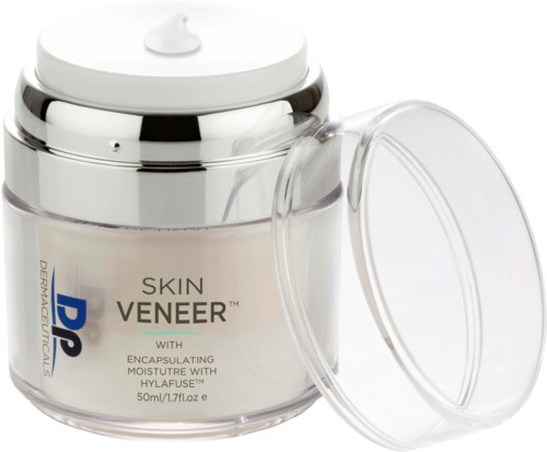 A jar of skin care cream with a silver lid, labeled 'Skin Veneer' and 'Hydrating Moisture'.