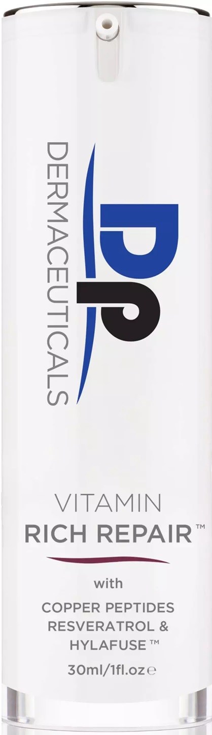 A white bottle labeled 'Dermaceuticals' with blue and black text, promoting a vitamin-rich skincare product.