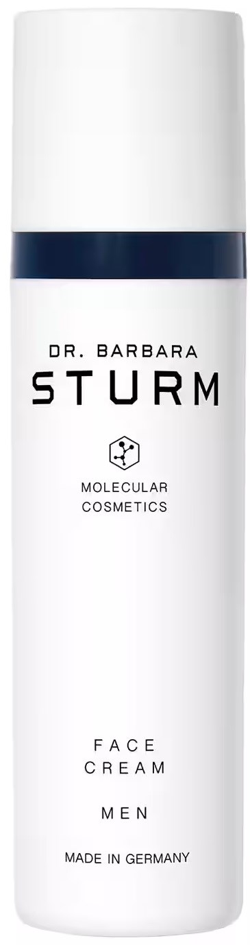 A white cylindrical bottle with a dark blue band, labeled 'Dr. Barbara Sturm Face Cream Men' from Germany.