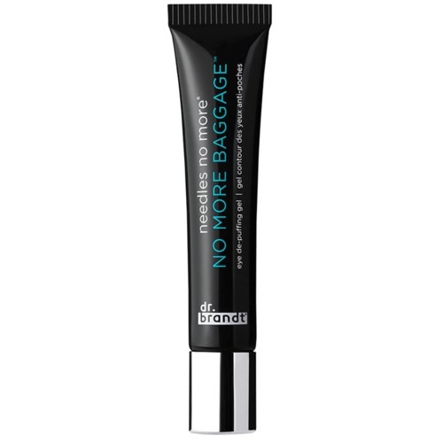 Eine schwarze Tube mit Augengel, blau-weißer Schrift, bezeichnet "No More Bags" von Dr. Brandt.