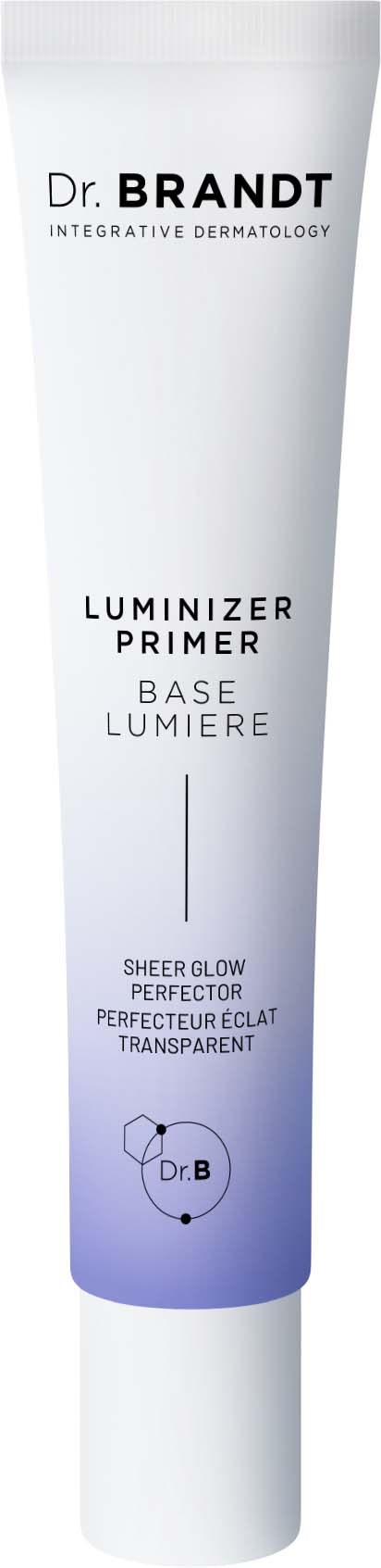 Eine weiße Tube des Dr. Brandt Luminizer Primer, mit lilanem unteren Bereich, gekennzeichnet für eine transparente Leuchtkraft.