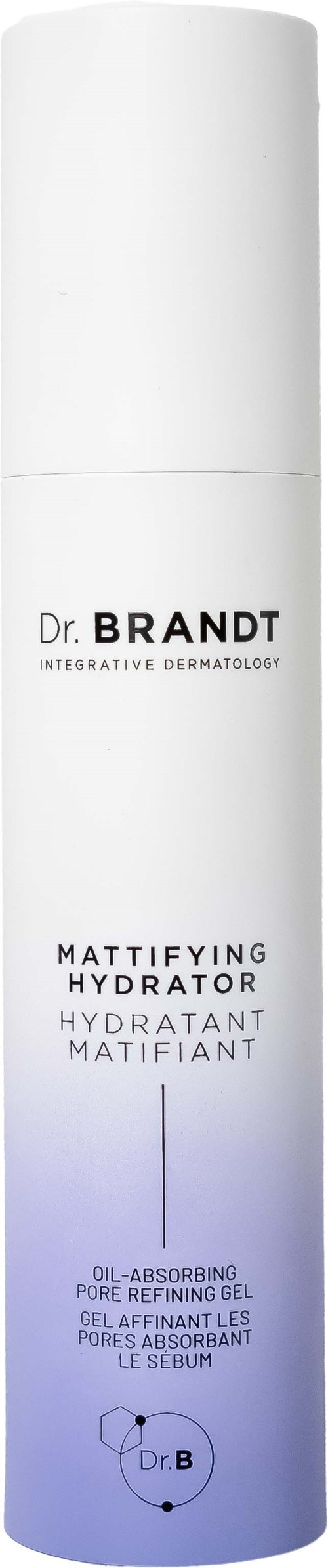 Eine lange weiße Zylinderflasche von Dr. Brandt mit schwarzen und lila Text.