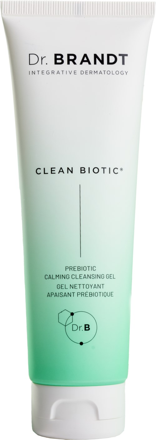 Eine weiße und grüne Tube mit Dr. Brandt Hautpflegeprodukt, bezeichnet als Clean Biotic, mit Beschreibung als beruhigendes Reinigungs-Gel.