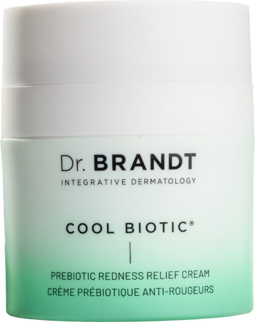 Ein Glas mit Dr. Brandt Cool Biotic Prebiotic Redness Relief Cream, weiß und grün mit schwarzem Text.