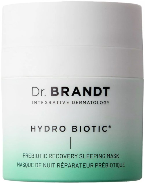Ein weißer und grüner Behälter mit Dr. Brandt Hydro Biotic Prebiotic Recovery Sleeping Mask.