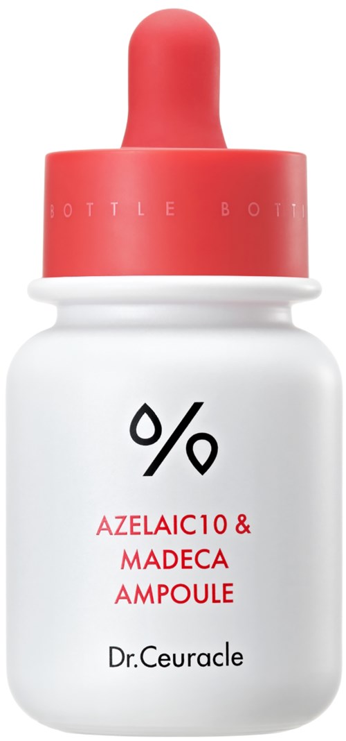 Een witte fles met een roze pipetdop, gemarkeerd Azelaic 10 & Madeca Ampoule door Dr. Ceuracle.