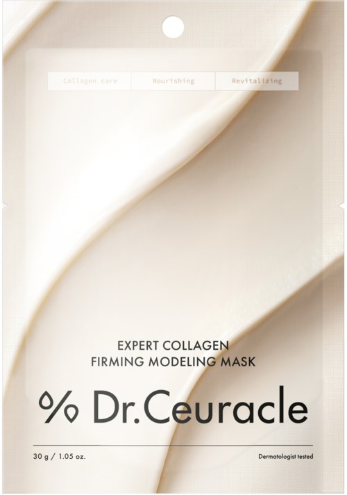Een gezichtsmasker met een zachte, natuurlijke uitstraling, gelabeld als collageen verstevigend en voedend, gemaakt door Dr. Ceuracle.