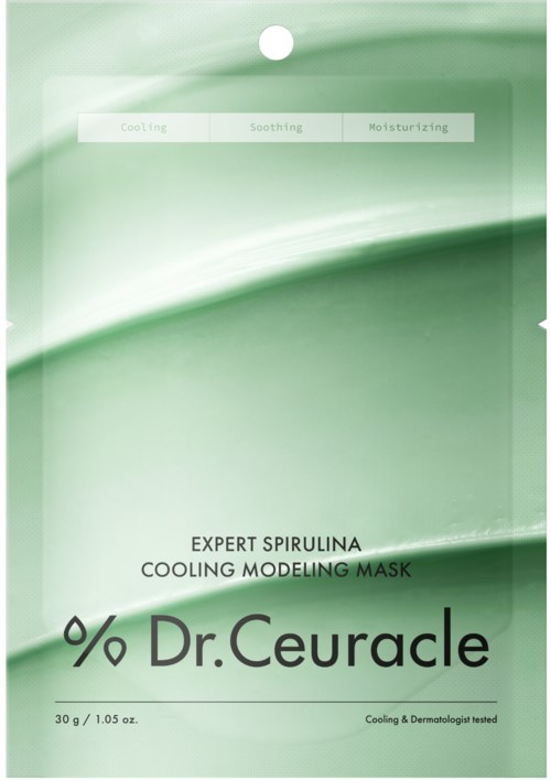 Groene gezichtsmasker verpakking met verkoelende, rustgevende en hydraterende eigenschappen. Het is gemarkeerd als Dr. Ceuracle Expert Spirulina Mask.