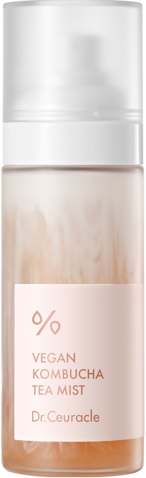 Een fles veganistische kombucha theemist met een witte dop en lichtbruine vloeistof erin.