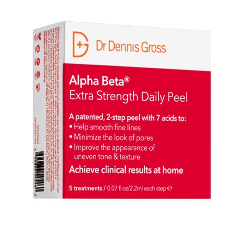 Eine Packung Alpha Beta Extra Strength Daily Peel von Dr. Dennis Gross. Bietet 5 Behandlungen für glattere Haut und weniger Poren.