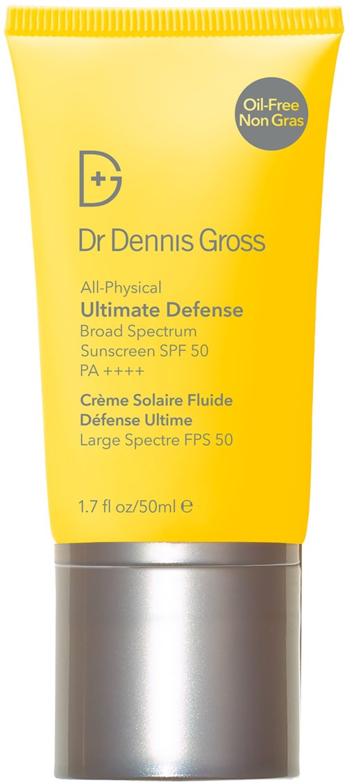 Gul tube med solkrem med sølvhette, merket Dr. Dennis Gross, SPF 50, ikke-fettet, bredspektret, for alle hudtyper.