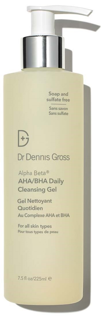 A tall white bottle with a pump contains Dr. Dennis Gross cleansing gel, suitable for all skin types.