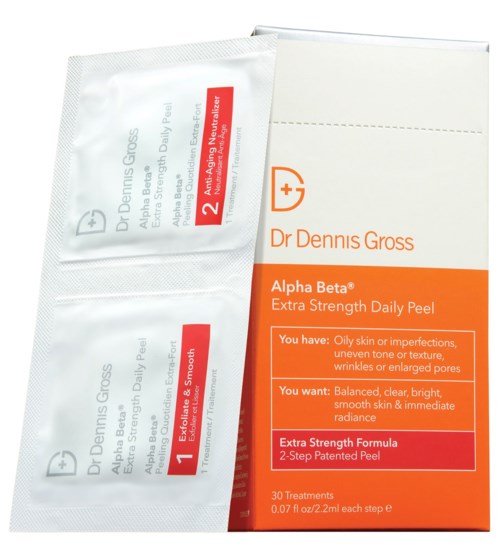 Packaging for a skincare product with treatment steps and benefits, labeled as Dr. Dennis Gross Alpha Beta Daily Peel.