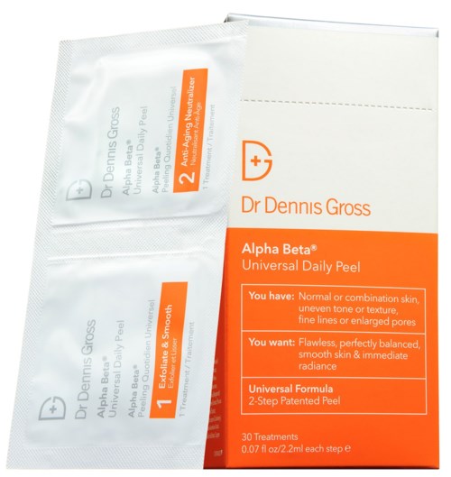A packet of Dr. Dennis Gross skincare peel with orange and white packaging, labeled as Alpha Beta Universal Daily Peel.
