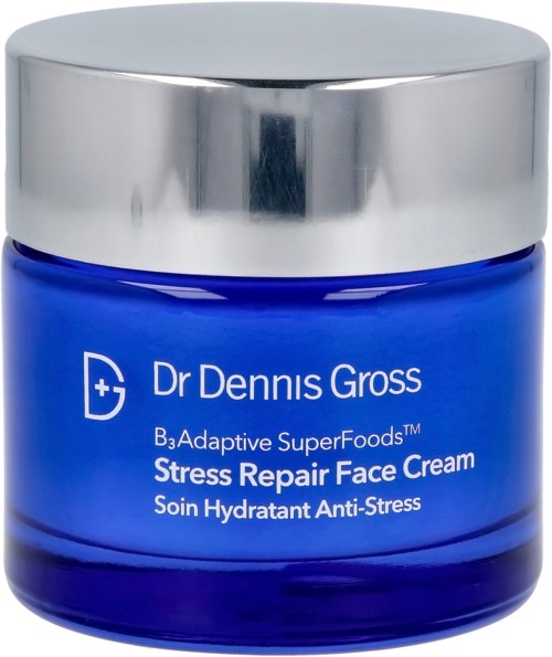 En blå krukke med sølvhette som inneholder Dr Dennis Gross Stress Repair Face Cream for hydrering og stressbeskyttelse.