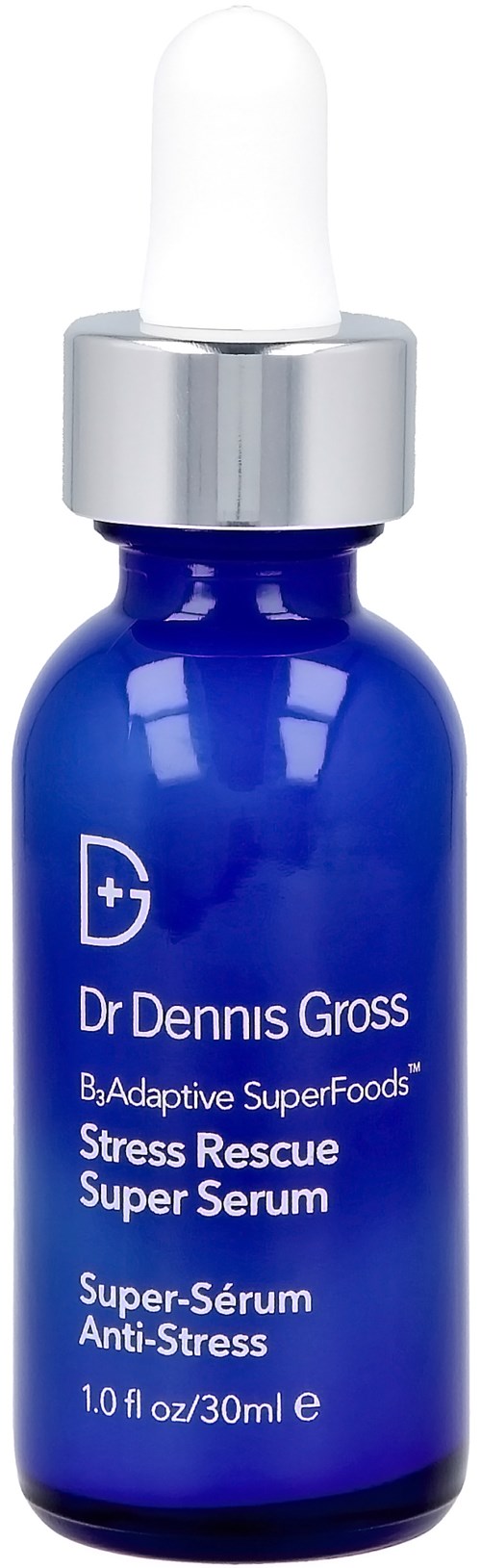 Blå glassflaske med hvit pipette, merket som Dr. Dennis Gross Stress Rescue Super Serum.