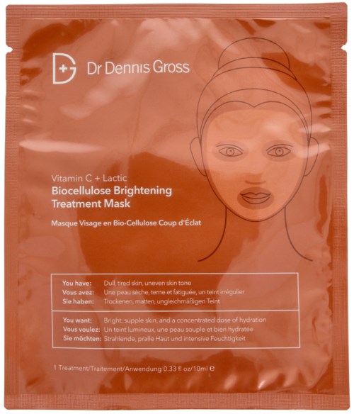 Orange Verpackung für Gesichtsmaske mit Dr Dennis Gross Marke, erwähnt Vitamin C und Milchsäure, aufhellende und feuchtigkeitsspendende Wirkung.