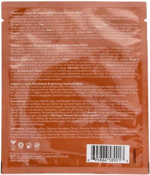 Eine rosa-weiße Box mit einem Vitamin C + Lactic Biocellulose Brightening Treatment Mask mit Anweisungen und Inhaltsstoffen auf Französisch und Englisch.