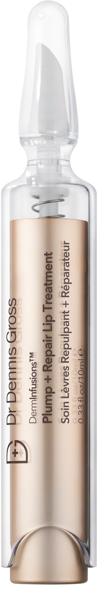 Kleine klare Flasche mit Tropfer, beschriftet Dr. Dennis Gross, für Hautpflege oder Serum.