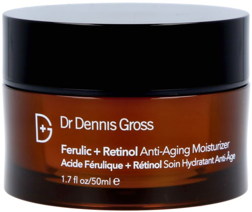 En brun krukke med svart lokk merket 'Dr Dennis Gross' som selger en anti-aldringskrem med ferulic og retinol. 50 ml.