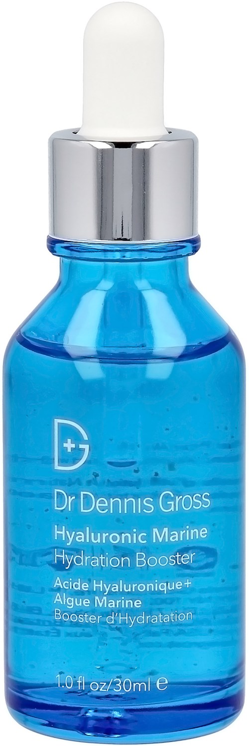 Blaue Flasche mit Tropfer, gekennzeichnet als Dr. Dennis Gross Hyaluronic Marine Hydration Booster. Enthält 30 ml Flüssigkeit.