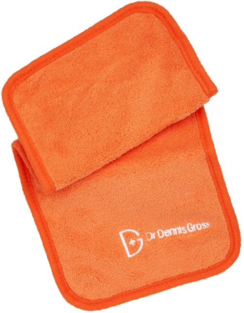 Two orange cleaning cloths with a logo and the name 'Dr Dennis Gross' on one.