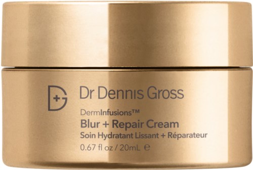 Eine goldene Dose mit Dr Dennis Gross Blur + Repair Cream, 20 ml, für Hautreparatur und Feuchtigkeitsversorgung.