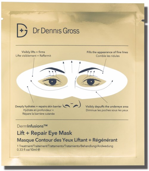 Ein Dokument, das eine Augenmaske-Behandlung erklärt, zeigt, wie sie das Aussehen der Augen hebt, repariert, mit Feuchtigkeit versorgt und verbessert.